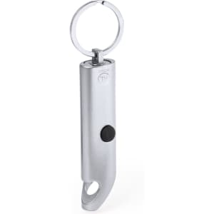 A silver keyring torch with a circular keyring attachment and a black button.