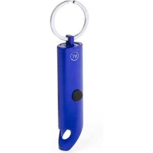 A blue torch keyring with a circular keyring attachment and a push-button for activation. It has a logo.