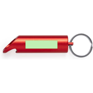 A red torch keyring with a keyring attachment, featuring a blank section for customisation.