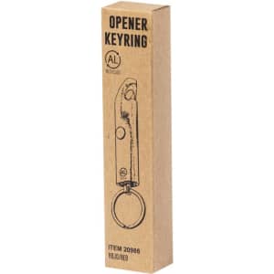 A keyring in red with an opener feature, presented in a brown cardboard box with a logo.