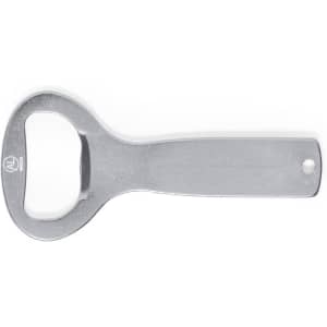 A drink bottle opener in silver metal, featuring a simple design and a logo at one end. It's flat and ergonomic.