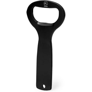 A drink bottle opener with a black handle and a logo on the top. It features a classic design for easy use.