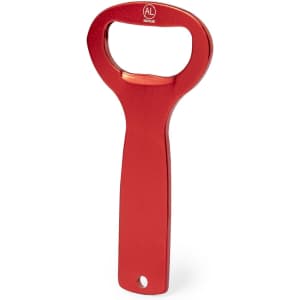 A drink bottle opener in a vibrant red colour, featuring a simple handle design and a logo.