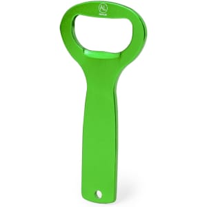 A green bottle opener with a handle design, featuring a logo on the front.