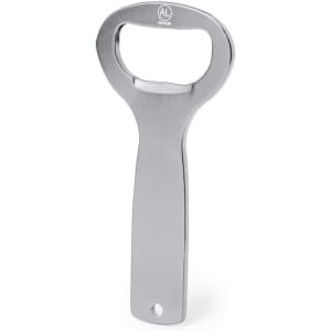 A drink bottle opener in a shiny silver finish, featuring a simple design and a branding logo.