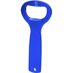A drink bottle opener in bright blue, featuring a simple design with a handle and a logo.