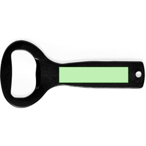 A drink bottle opener with a black handle and a green section. It features a logo on the handle.