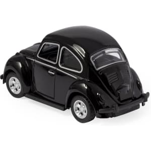 A die-cast model car in shiny black, featuring detailed design and movable parts. Suitable for novelty item collectors.