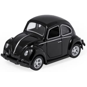 A black model car with shiny wheels, featuring a classic design, and a logo on it.