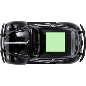 A black toy car with a blank green space on the roof, featuring silver detailing and a sleek design.