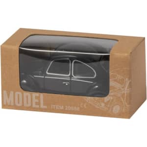 A black model car inside a clear display box, featuring a cardboard base with a logo.