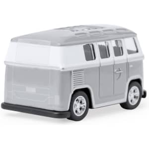 A grey and white toy van featuring a detailed design, with wheels and a logo on the side.