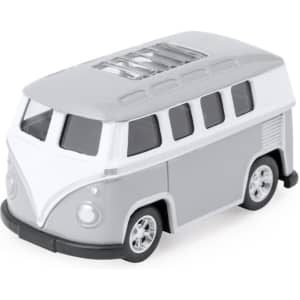 A toy model of a vintage van in grey and white, featuring wheels and a detailed body design.