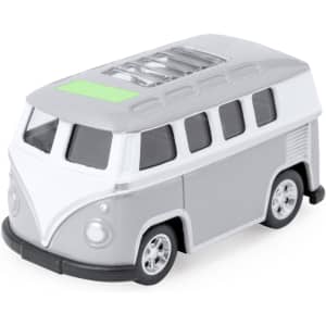 A toy van in grey and white, featuring windows and detailed wheels, with a logo on the side.