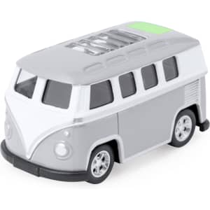 A toy model van in grey and white, designed with wheels and a detailed front. It has a small logo on the side.