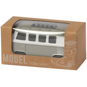 A novelty item in a cardboard box featuring a grey model of a vintage van. The box has a logo.
