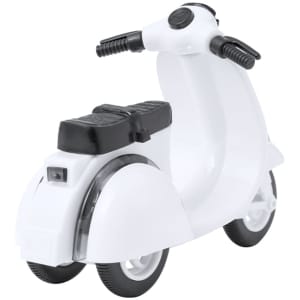 A novelty toy scooter in white with black detailing, featuring handlebars and wheels. Includes a logo on the side.