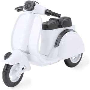 A white toy scooter with black accents, featuring detailed wheels and handlebars, designed as a novelty item.