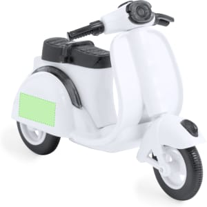 A white scooter model with black seats and handlebars, featuring a blank space for customisation.