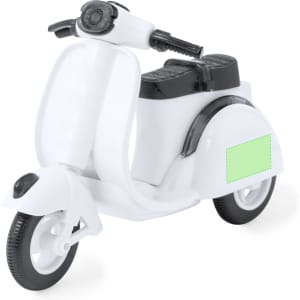 A white toy scooter with black accents, designed as a novelty item for fun and games. Features a simple, classic design.