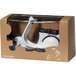 A white scooter model packaged in a cardboard box, featuring a logo on the side.