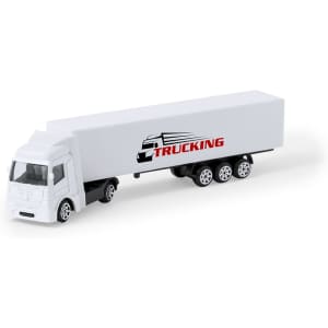 A white toy truck model with a trailer, featuring a graphic design and a logo on the side.