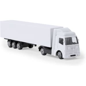 A white toy truck model with a removable trailer, featuring black wheels and a detailed front design.