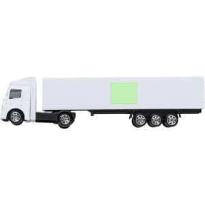 A white toy truck model with a plain trailer, featuring a logo space on the side. The wheels are detailed and metallic.