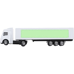 A white toy truck model with a large green space on the trailer for customisation. It features detailed wheels.