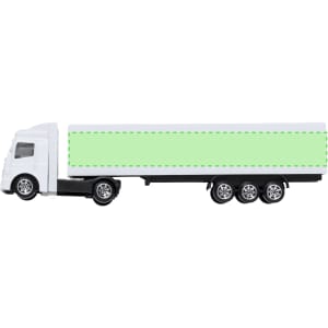 A white truck model with a green blank space on the trailer, featuring wheels and details for a realistic look.