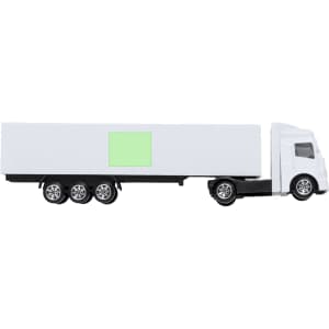 A toy truck model in white and black with six wheels and a blank green space for customisation.