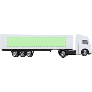 A toy truck model in white and black, featuring a blank green trailer side and chrome wheels.