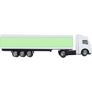 A white truck model with a green trailer and a logo on the body, designed as a novelty item.