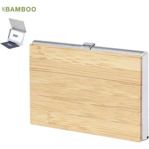 A bamboo business card holder with a silver clasp, showcasing a sleek and eco-friendly design.