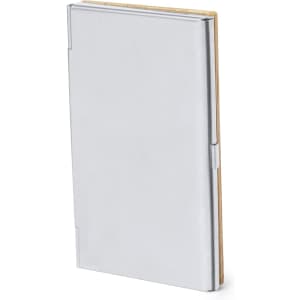 A silver card holder with a sleek design, featuring a wooden interior and a metal clasp.