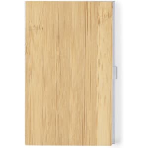 A bamboo and silver business card holder featuring a sleek, minimalist design and a branding logo.