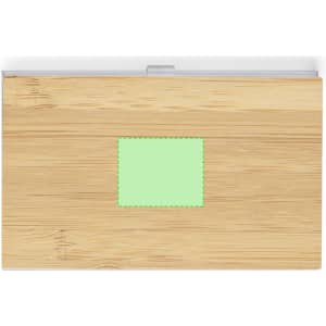 A natural bamboo card holder with a transparent lid and a green accent square. It features a logo on the surface.