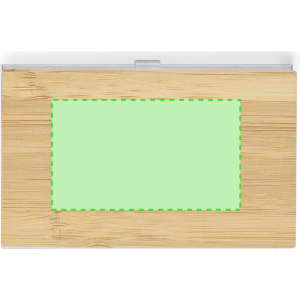 A bamboo card holder featuring a transparent lid and a green area for customisation. It includes a logo.
