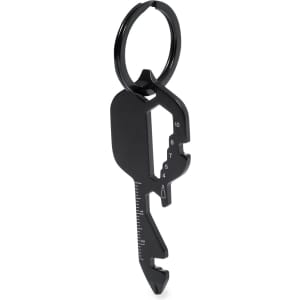 A black multitool shaped like a key, featuring measurements and a keyring attachment.