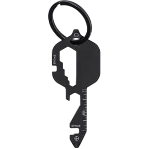 A black multitool keyring with various measurement markings and a keyring attachment.