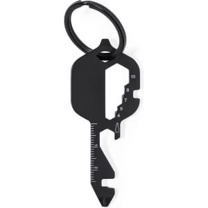 A black multitool shaped like a key, featuring measuring markings and a keyring attachment.