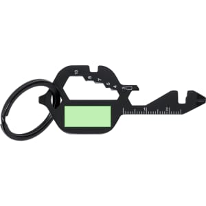A black multitool with a keyring, featuring measurement markings and a green section.