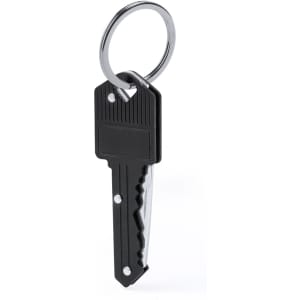 A black pocket knife shaped like a key, attached to a silver keyring, featuring a simple design.
