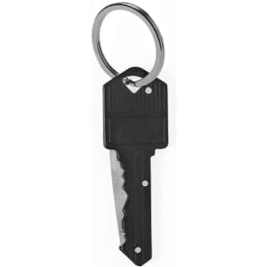 A black pocket knife keyring with a metallic key ring. It features a serrated blade and a distinctive key shape.