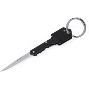 A black pocket knife with a silver blade attached to a metal keyring. It features a textured handle.