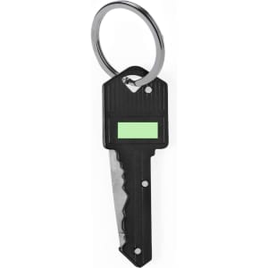 A black pocket knife shaped like a key with a keyring attachment, featuring a green insert and a logo.