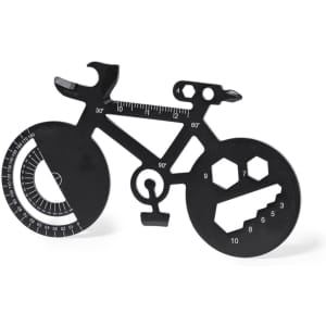 A black multitool in the shape of a bicycle, featuring various measurement markings and tool shapes.