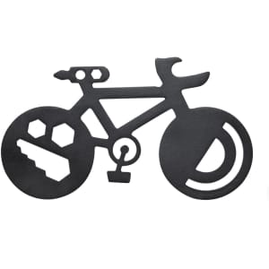 A black multitool in the shape of a bicycle, featuring various tool icons integrated into the design.
