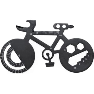 A black multitool shaped like a bicycle, featuring various measurement tools and cutouts for different functions.