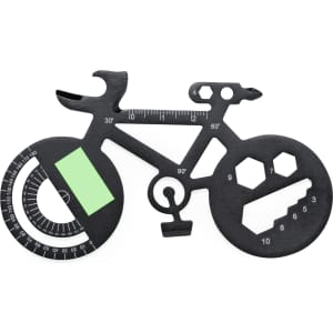A black multitool designed in the shape of a bicycle, featuring various measurement and tool functions.